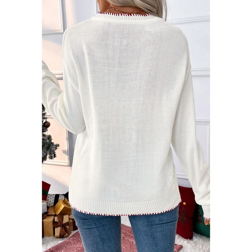 White Bow Pattern Contrast Trim Christmas Loose Graphic Sweater - S - Main Image