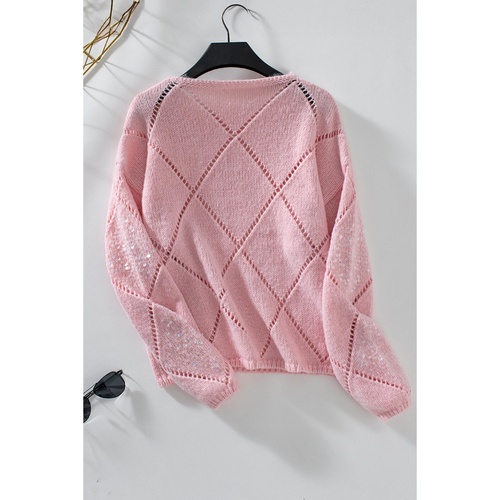 Light Pink Hollowed Rhombus Pattern Sequin Detail Round Neck Sweater - L - Main Image