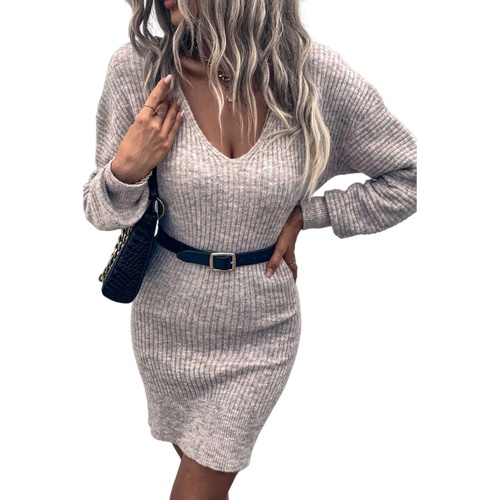 Gray V Neck Bodycon Sweater Dress - M - Main Image