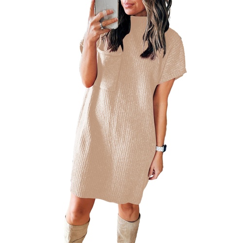 Oatmeal Patch Pocket Ribbed Knit Short Sleeve Sweater Dress - L - Main Image