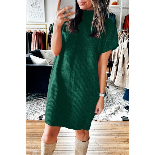 Blackish Green Patch Pocket Ribbed Knit Short Sleeve Sweater Dress - L - Main Image