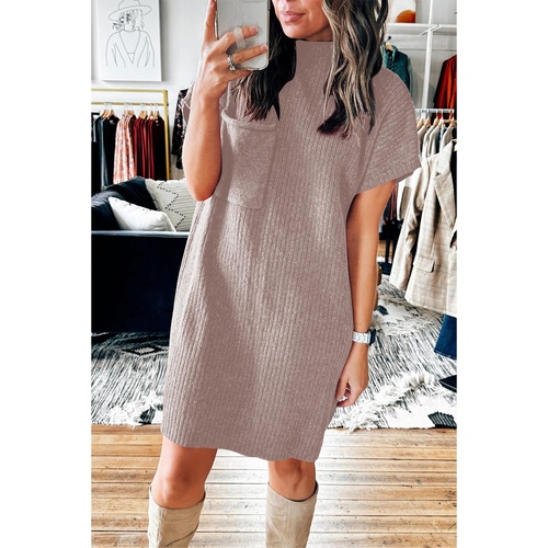 Simply Taupe Patch Pocket Ribbed Knit Short Sleeve Sweater Dress - L - Main Image