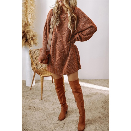 Coffee Cable Knit Drop Shoulder Loose Fit Sweater Dress - M - Main Image
