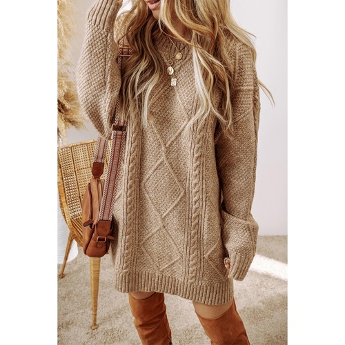 Parchment Cable Knit Drop Shoulder Loose Fit Sweater Dress - L - Main Image