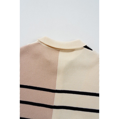 Khaki Stripe Color Block Quarter Zip Collar Short Sleeve Sweater Dress - XL - Main Image
