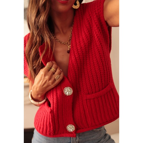 Fiery Red Solid Textured Knit Side Pockets Buttoned Sweater Vest - M - Main Image