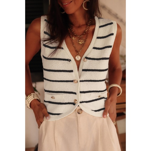 Black Stripe Buttoned V Neck Slim Fit Sweater Vest - M - Main Image