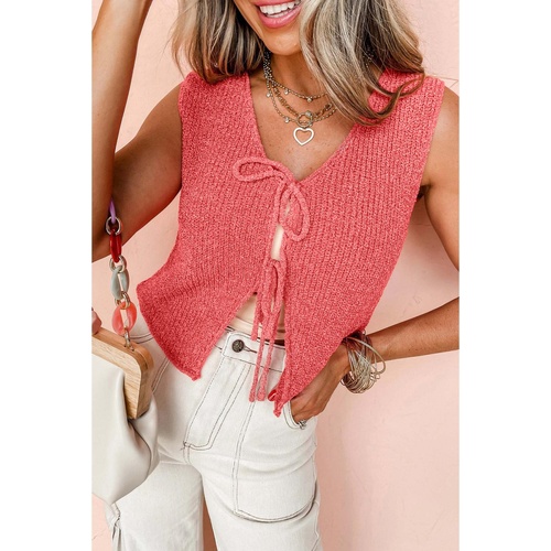 Tomato Red Lace-up Front V Neck Sweater Vest - S - Main Image
