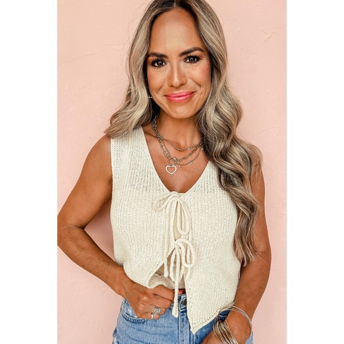 Beige Lace-up Front V Neck Sweater Vest - M - Main Image