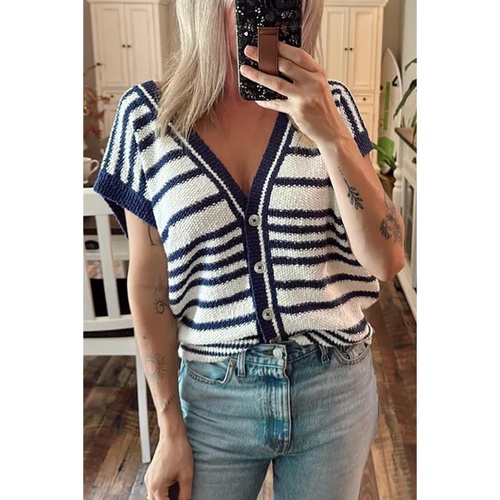 Blue Stripe Loose Buttoned V Neck Sweater Vest - M - Main Image