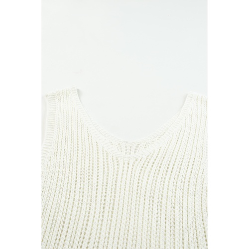 White Hollowed Knit V Neck Tank Top - L - Main Image