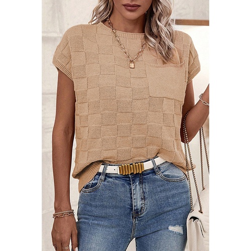 Smoke Gray Lattice Textured Knit Short Sleeve Sweater - M - Main Image