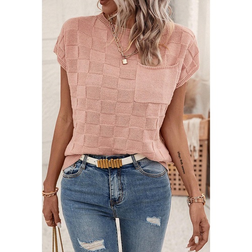 Dusty Pink Lattice Textured Knit Short Sleeve Sweater - L - Main Image