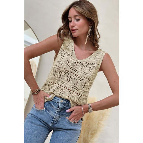 Apricot V Neck Textured Hollow-out Sweater Vest - M - Main Image