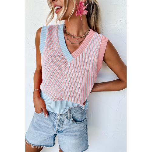 Light Pink Contrast Chevron Knit V Neck Sweater Vest - M - Main Image