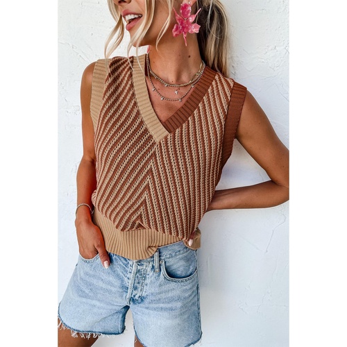 Light French Beige Contrast Chevron Knit V Neck Sweater Vest - M - Main Image