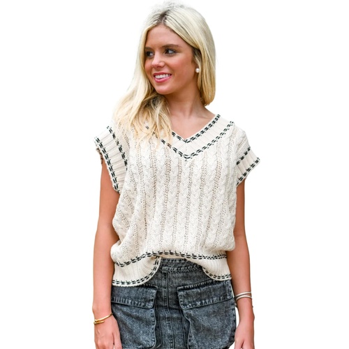 White Contrast Trim V Neck Cable Knit Sweater Vest - XL - Main Image