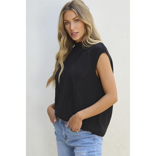 Black Solid Color Cable Knit High Neck Sweater Vest - L - Main Image