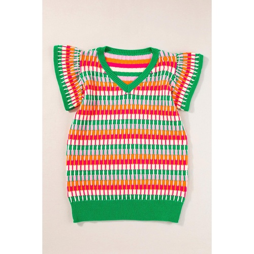 Green Multi Flutter Sleeve Knitted Sweater Top - XL - Main Image