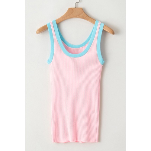 Pink Colorblock Edge Ribbed Knit U Neck Tank Top - XL - Main Image