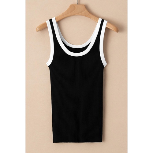 Black Colorblock Edge Ribbed Knit U Neck Tank Top - L - Main Image