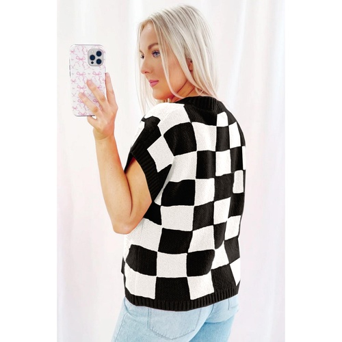 Color black Colorblock Plaid Pattern Ribbed Trim Sweater Tank Top - S - Main Image