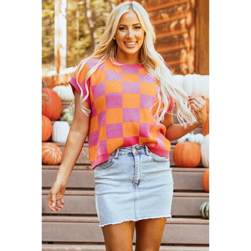 Strawberry Pink Colorblock Plaid Pattern Ribbed Trim Sweater Tank Top - L - Main Image