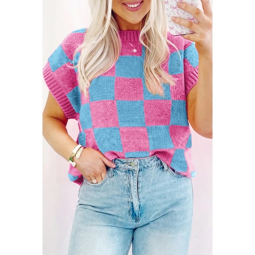 Sachet Pink Colorblock Plaid Pattern Ribbed Trim Sweater Tank Top - XL - Main Image