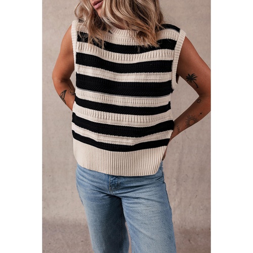 Black Stripe Ribbed Trim Knitted Sweater Vest - L - Main Image