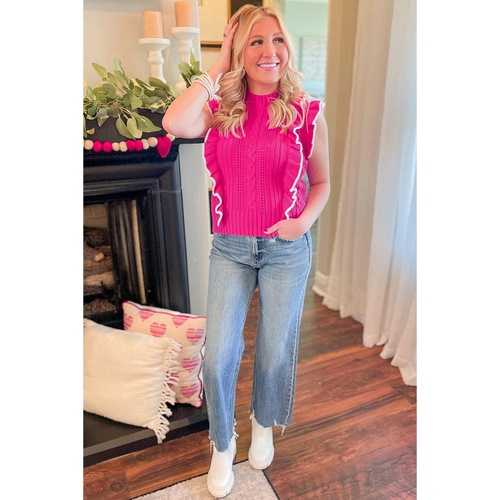 Strawberry Pink Textured Knit Ruffled Mock Neck Sweater Tank - S - Main Image