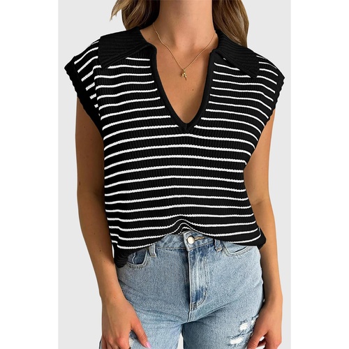 Black Stripe Turn-down V Neck Sweater Tank Top - M - Main Image