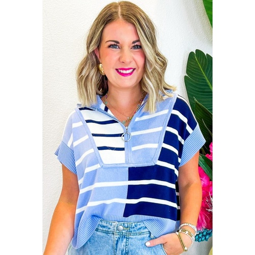 Sky Blue Stripe Colorblock Quarter Zip Collar Sweater Vest - M - Main Image