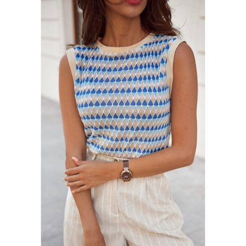Sky Blue Stripe Geometric Print Round Neck Slim Fit Sweater Vest - S - Main Image