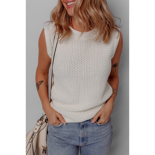 White Solid Color Eyelet Knit Crew Neck Sweater Vest - XL - Main Image