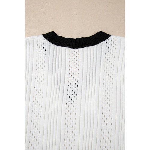 White Contrast Trim Eyelet Knit Colorblock V Neck Sweater Vest - XL - Main Image