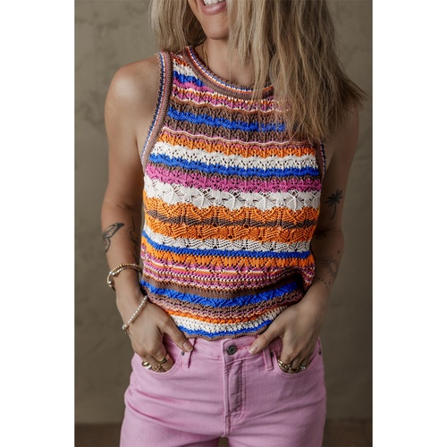 Dark Blue Striped Textured Knit Crew Neck Sweater Vest - M - Main Image