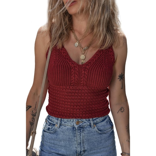 Burgundy Cable Knit Pointelle Slim Fit V Neck Sweater Vest - L - Main Image