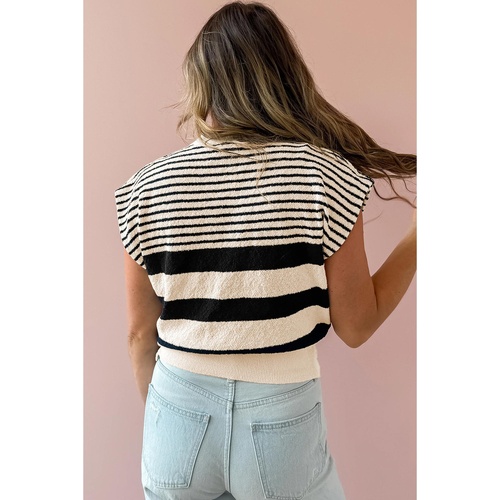 Black white Striped O Neck Sweater Vest - S - Main Image