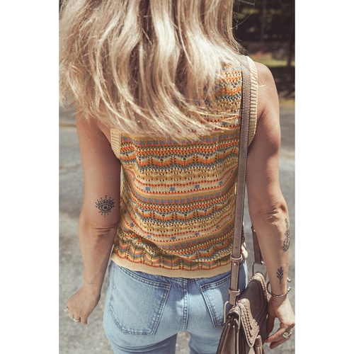 Brown Stripe Eyelet Crochet Round Neck Sweater Vest - M - Main Image