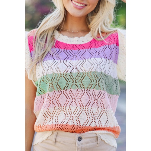 Rose Stripe Colorblock Hollowed Knit Scallop Edge Sweater Vest - L - Main Image