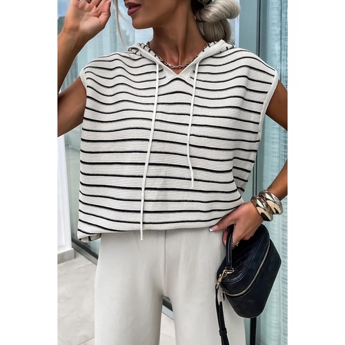 White Stripe Drawstring Hooded Loose Sweater T Shirt - M - Main Image