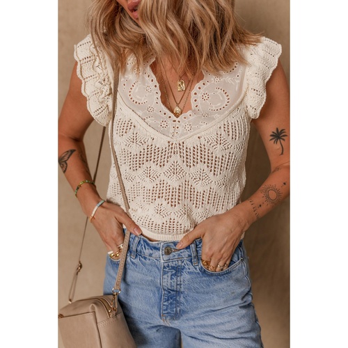 Beige Embroidered Patchwork Hollow Out Knitted Ruffle Sweater Vest - L - Main Image