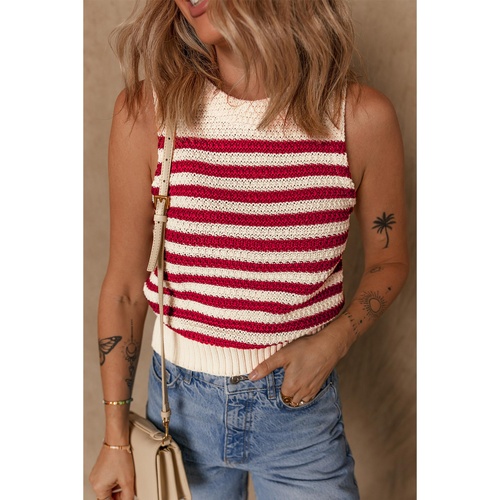 Red Stripe Textured Knit Ribbed Hem Sweater Tank Top - S - Main Image