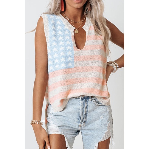 Beige USA Flag Notched Neckline Loose Sweater Vest - XL - Main Image