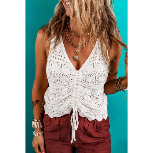 Beige Trendy Hollowed Knit V Neck Drawstring Sweater Vest - M - Main Image