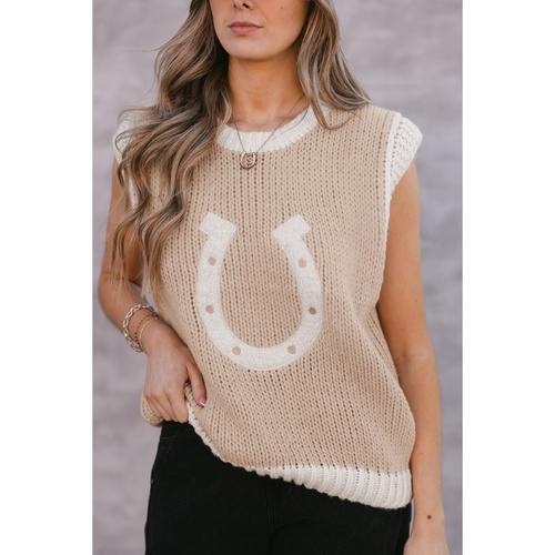 Oatmeal Woven Horseshoe Color Contrast Trim Sweater Vest - XL - Main Image