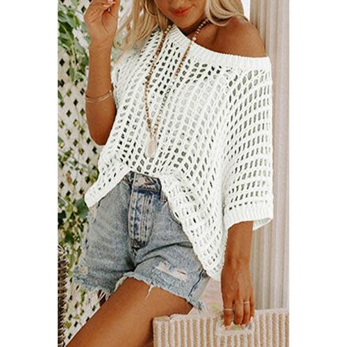 Azura Exchange Fishnet Knit Ribbed Short Sleeve Sweater Tee - L - Main Image