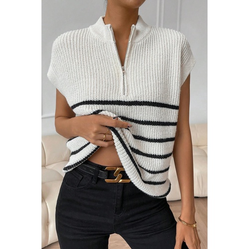 White Stripe Half Zip Split Stand Neck Sweater T-shirt - L - Main Image