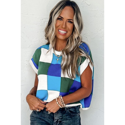 Dark Blue Color Block Cap Sleeve Sweater - L - Main Image