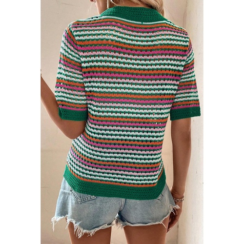 Dark Green Striped Pattern Contrast Trim Pointelle Knit T Shirt - L - Main Image